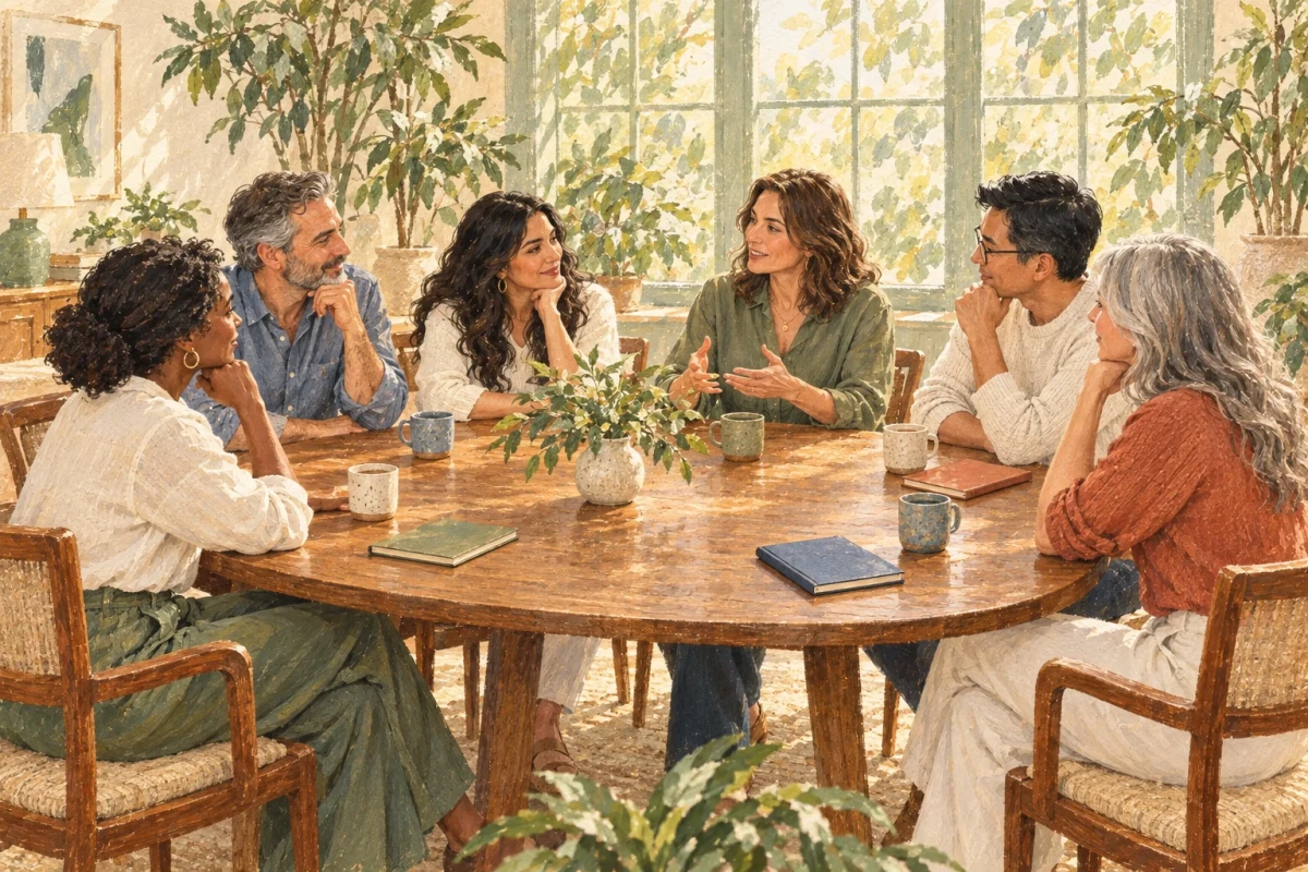 An illustration of independent practice owners sharing ideas around a table